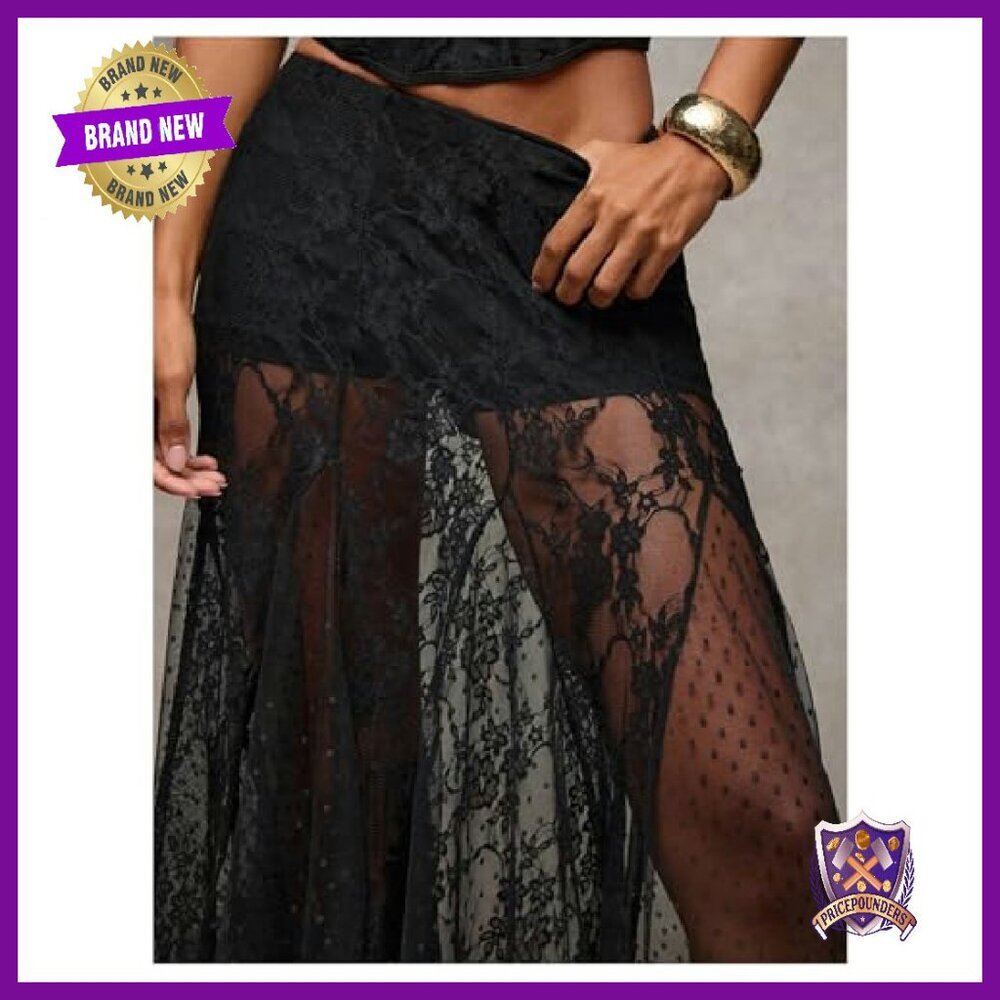 Sheer Lace Maxi Skirt Elastic Waist Flowy A-Line Ruffle Hem - Picture 5 of 8